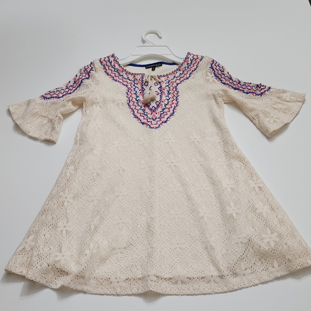 My Michelle Cream Lace Dress with Pink and Blue Accents